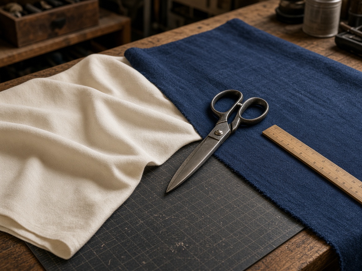 Shears, ruler, and cloth on a cutting table used to illustrate production context.