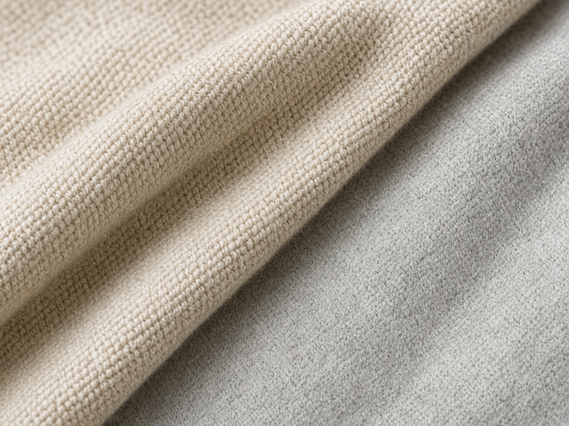 Oatmeal loop-back knit beside a heather gray fleece surface. Illustrative image, not ETECJK inventory or a facility.