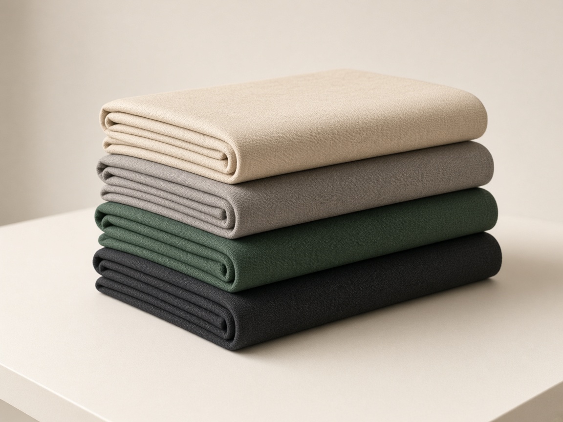 Folded lengths of solid apparel cloth in sand, gray, forest green, and charcoal. Illustrative image, not ETECJK inventory or a facility.